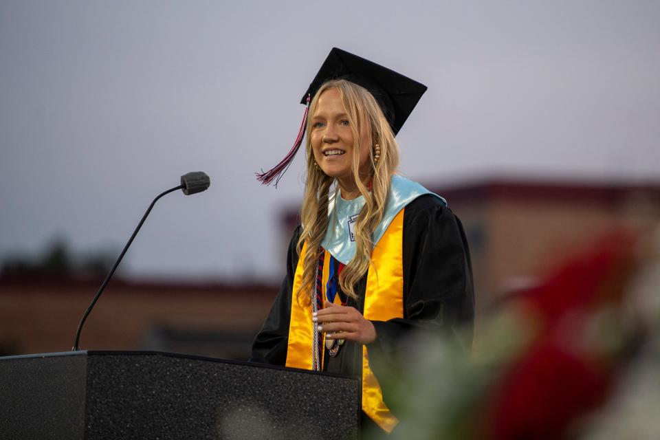 Valedictorian Reagan Koester address the crowd during the2023 North Posey High School commencement Friday, May 26, 2023.