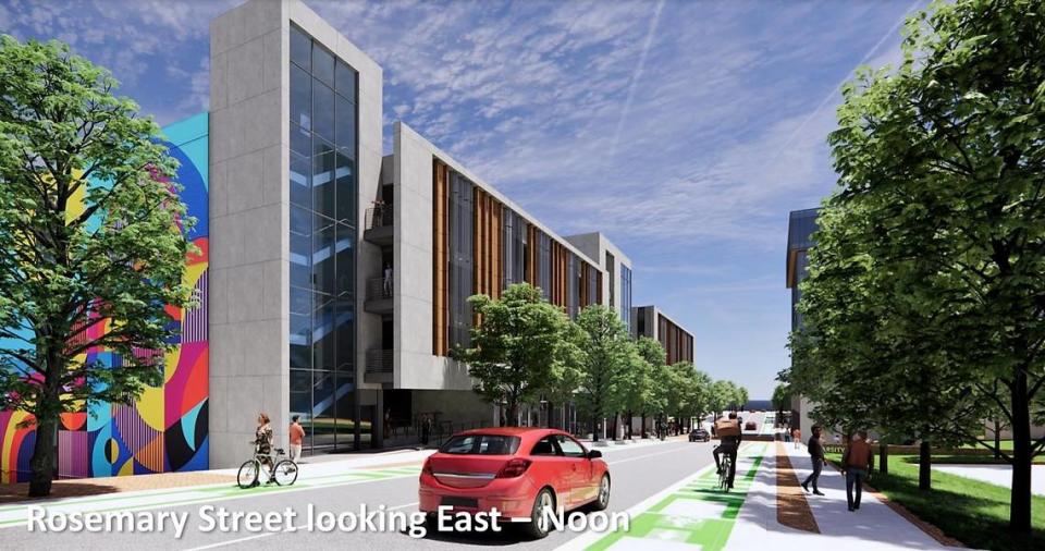 An architect’s rendering shows the future East Rosemary parking garage as seen from the parking lot at the corner of North Columbia and East Rosemary streets in downtown Chapel Hill. The new 1,100-space garage will feature a mural on the western facade.