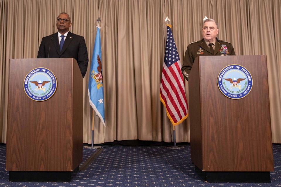 US Secretary of Defense Lloyd Austin (L) and Chairman of the Joint Chiefs of Staff Mark Milley spoke to media at US Air Base in Ramstein (AFP via Getty Images)