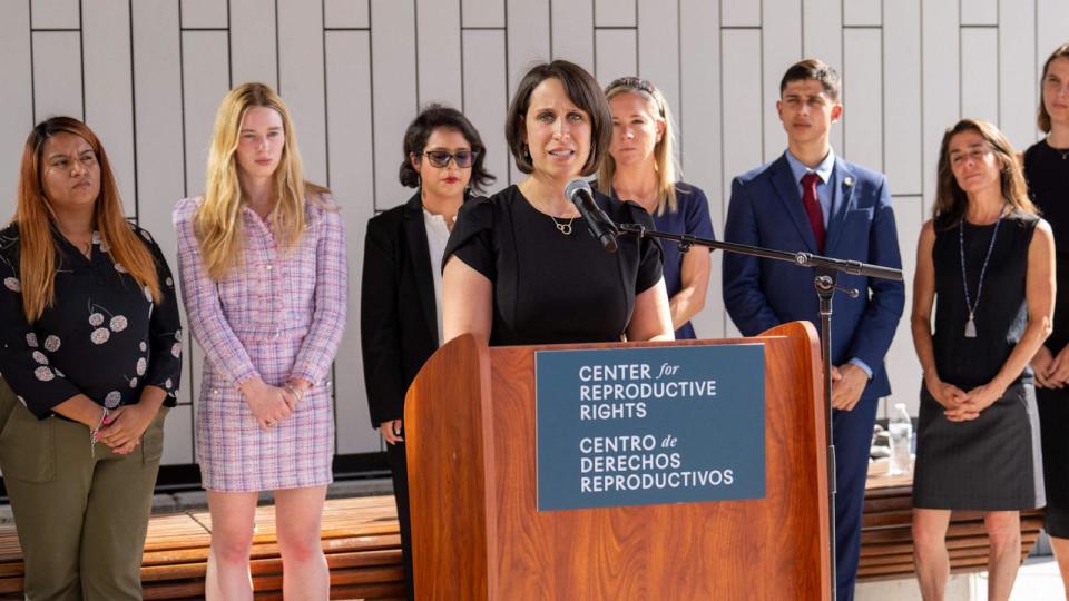 PHOTO: In this July 20, 2023, file photo, Center for Reproductive Rights attorney Molly Duane speaks during a press conference outside the Travis County Courthouse in Austin, Texas. (Suzanne Cordeiro/AFP via Getty Images, FILE)