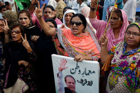 Supporters of the ruling Pakistan Muslim League (Nawaz) (PML-N) chant slogans after the Pakistan Supreme Court ruled ousted Prime Minister Nawaz Sharif cannot lead his party, during a protest in Karachi, Pakistan February 22, 2018. REUTERS/Akhtar Soomro