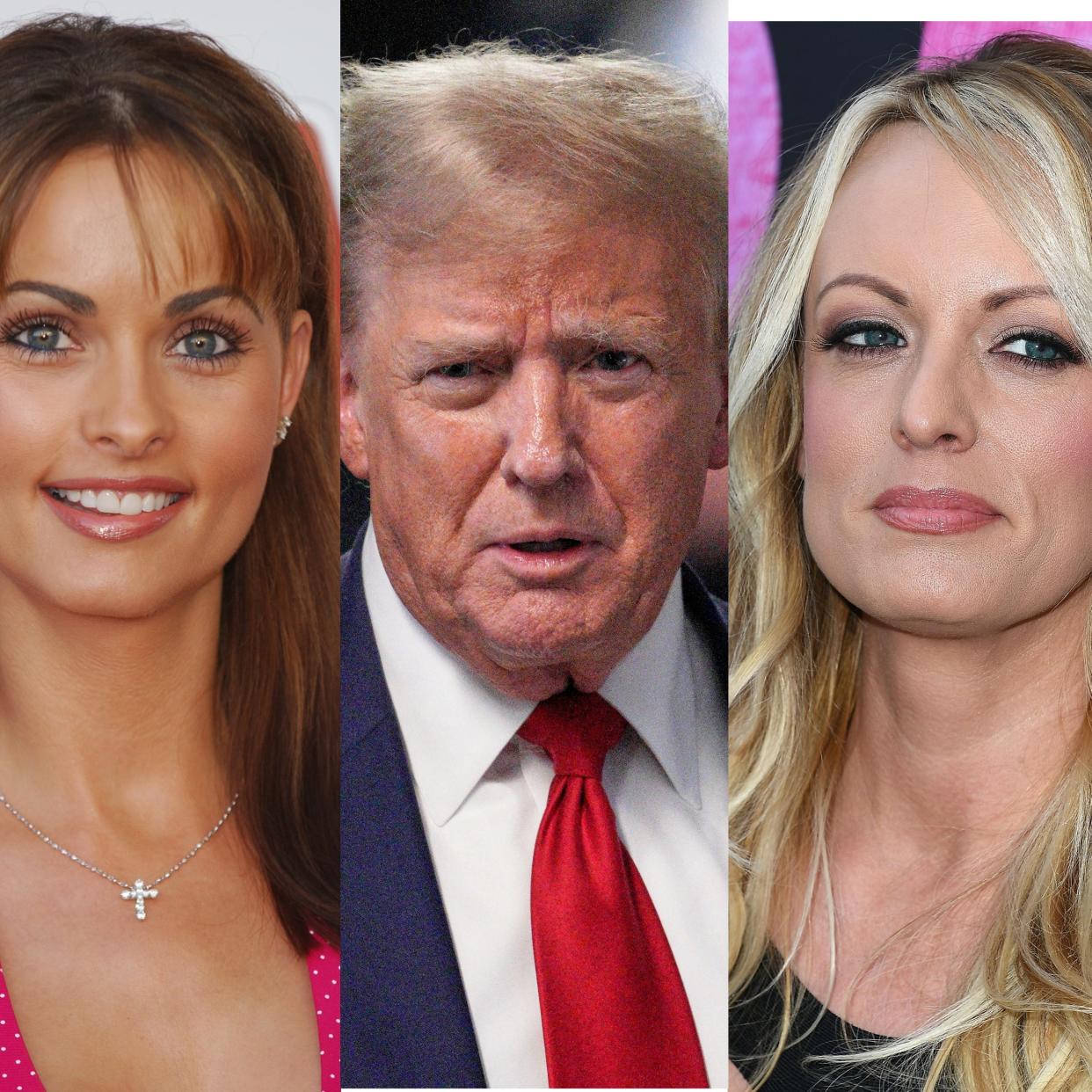 A composite image of Karen McDougal, Donald Trump, and Stormy Daniels.