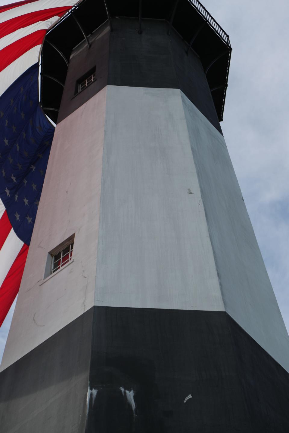 Streaks can be seen down the white paint on the side of the Tybee Island Lighthouse. Stucco repairs and a fresh coat of paint are among the restoration needs at the lighthouse.