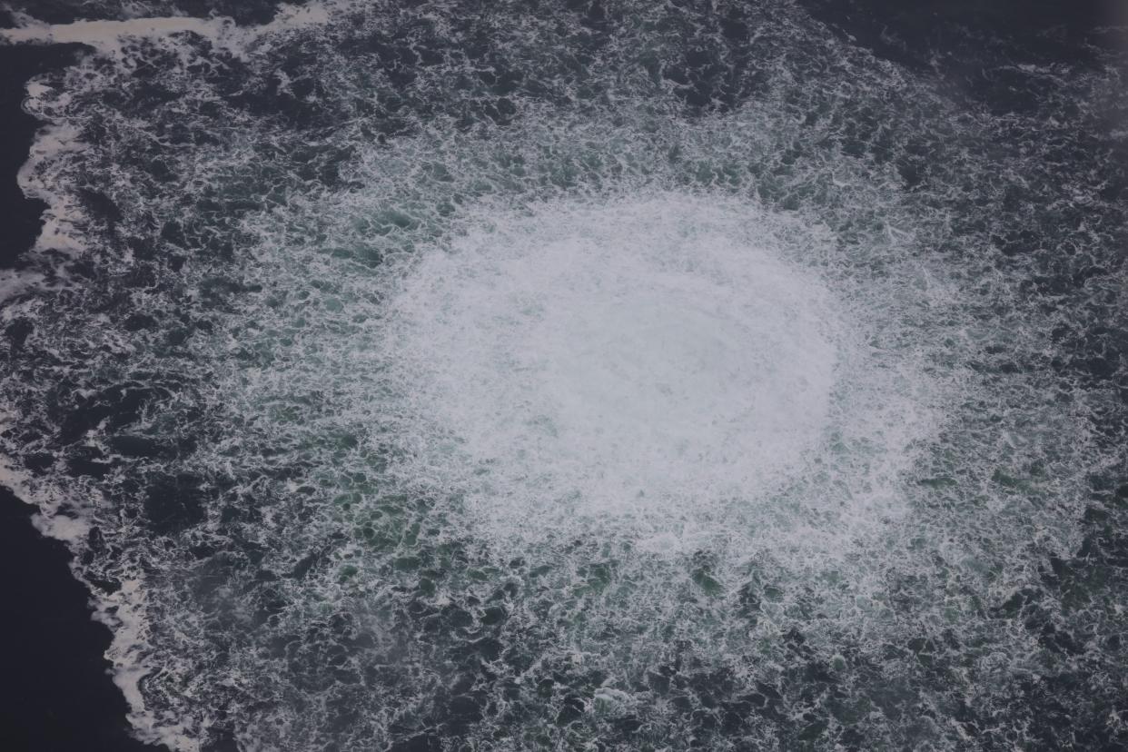 A gas leak causes bubbles on the surface of the water at Sea in Sweden on September 29, 2022.