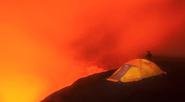 An epic shot of the tents inside the volcano. Photo: Bradley Ambrose