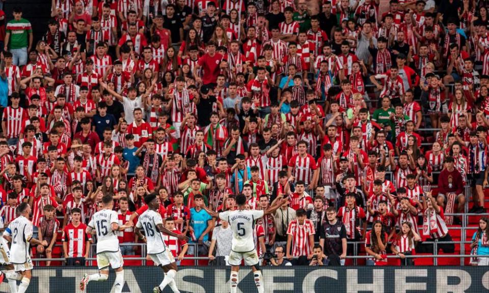 Jude Bellingham celebrates in front of Athletic Bilbao fans after scoring the second goal in Real’s 2-0 victory.