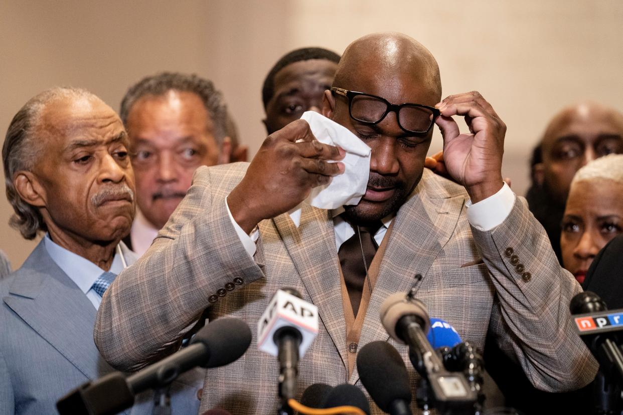 Philonise Floyd, brother of George Floyd, wipes tears from his eyes as he speaks during a news conference after former Minneapolis police Officer Derek Chauvin is convicted in the killing of George Floyd, Tuesday, April 20, 2021, in Minneapolis.