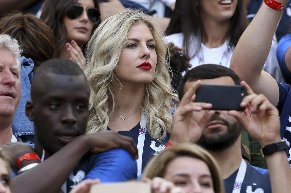 <p>Camille Tytgat, wife of Raphael Varane of France during the 2018 FIFA World Cup Russia group C match between Denmark and France at Luzhniki Stadium on June 26, 2018 in Moscow, Russia. (Photo by Jean Catuffe/Getty Images) </p>
