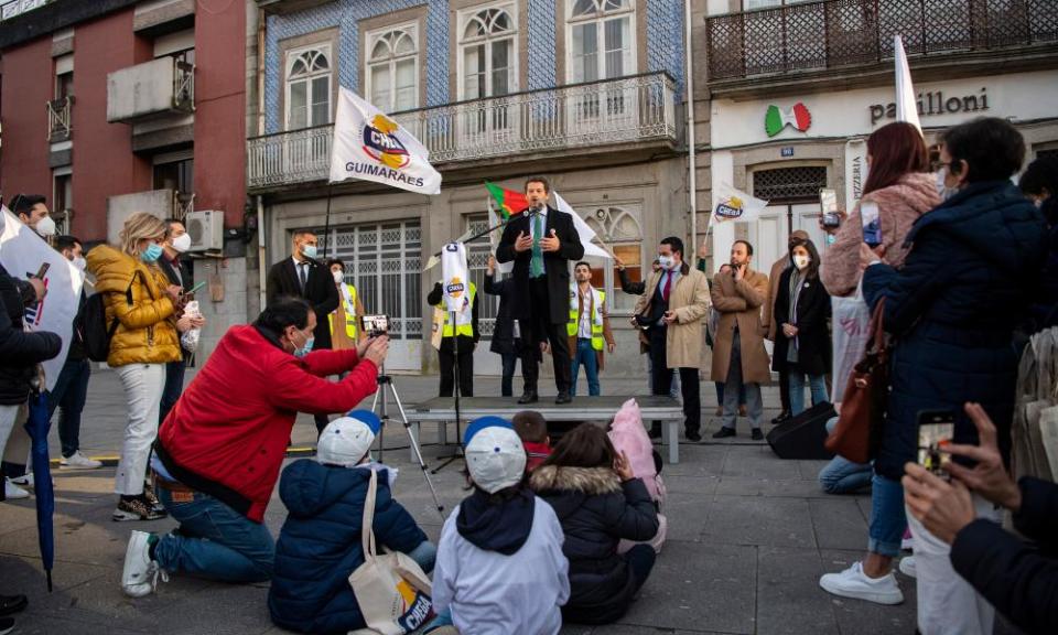 André Ventura, the leader of the far-right party Chega, makes a campaign speech in Braga.