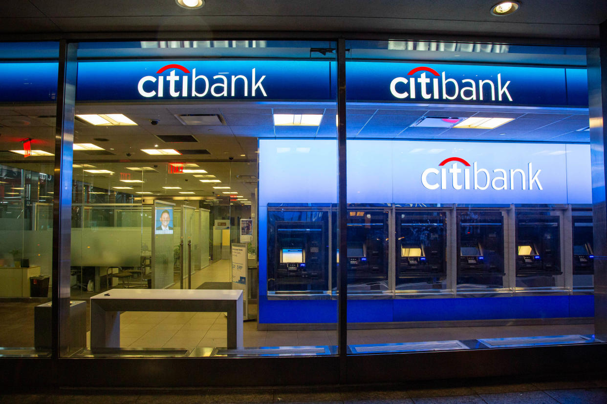 Bunch of ATMs. A Citibank bank branch at 6th Avenue in New York City, USA as seen during the night with ATM and illuminated logo. Citibank financial institution is the consumer division of financial services multinational Citigroup, founded in 1812 as City Bank of New York.  NY, United States of America. (Photo by Nicolas Economou/NurPhoto via Getty Images)