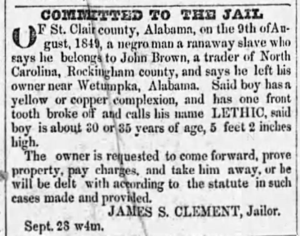 An 1849 Montgomery Advertiser ad for a jailed runaway slave named Lethic.