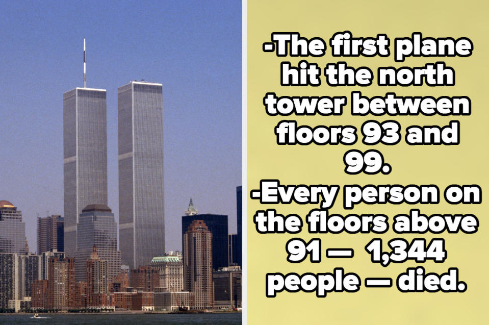 twin towers with facts saying that the first plane hit between floors 93 and 99 and everyone above floor 91 died