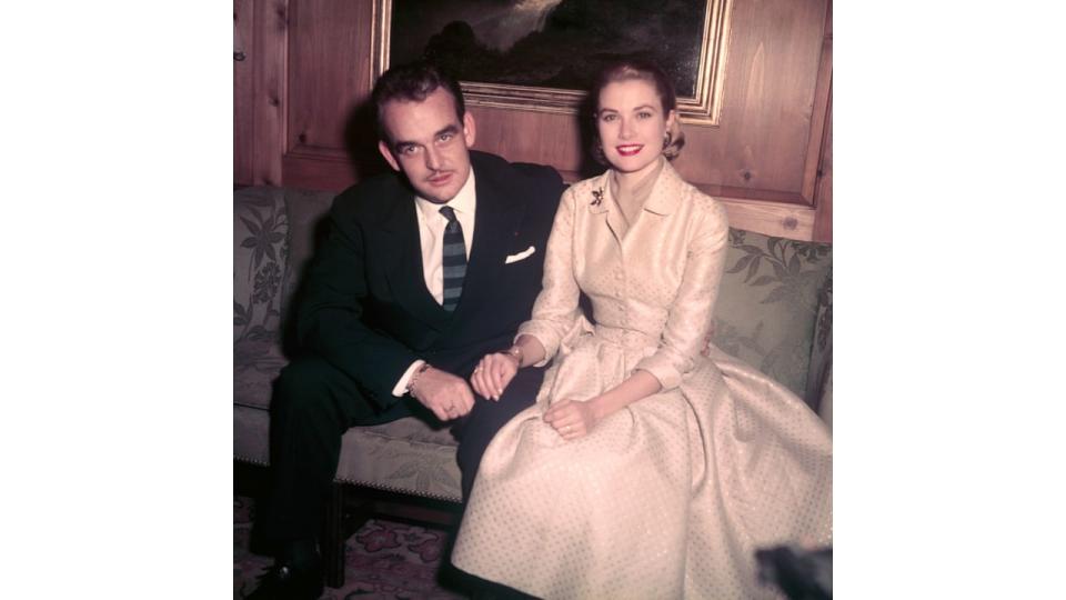 Prince Rainier and Grace Kelly pictured at the Kelly family home in 1956 after their engagement