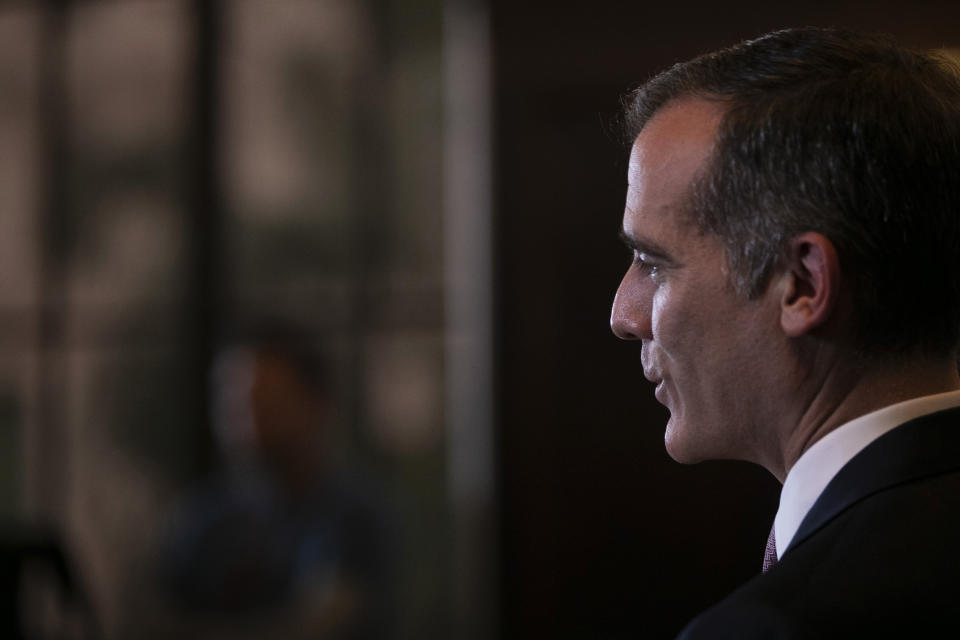 Los Angeles Mayor Eric Garcetti speaks during a news conference Tuesday, Jan. 29, 2019, in Los Angeles. Garcetti will not seek the Democratic presidential nomination in 2020, slightly winnowing a field that is still likely to be large and unwieldy for a party desperate to oust President Donald Trump. (AP Photo/Jae C. Hong)