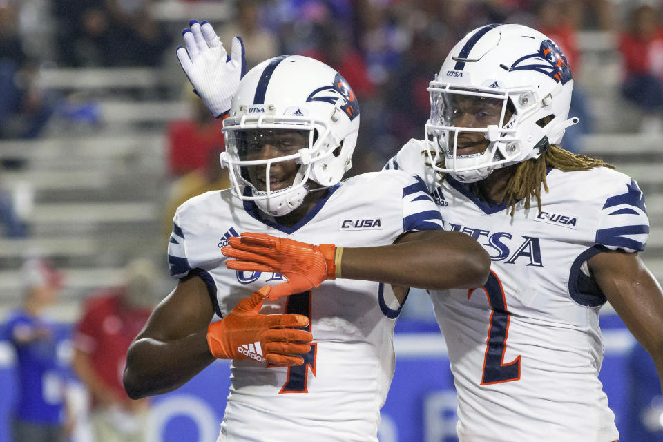 UTSA wide receiver Zakhari Franklin (4) celebrates a touchdown with wide receiver Joshua Cephus (2) in the first half of an NCAA college football game against Louisiana Tech in Ruston, La., Saturday, Oct. 23, 2021. (AP Photo/Matthew Hinton)