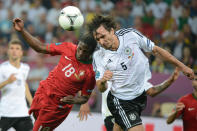 German defender Mats Hummels (R) vies with Portuguese forward Silvestre Varela during the Euro 2012 championships football match Germany vs Portugal on June 9, 2012 at the Arena Lviv. AFP PHOTO / DAMIEN MEYERDAMIEN MEYER/AFP/GettyImages