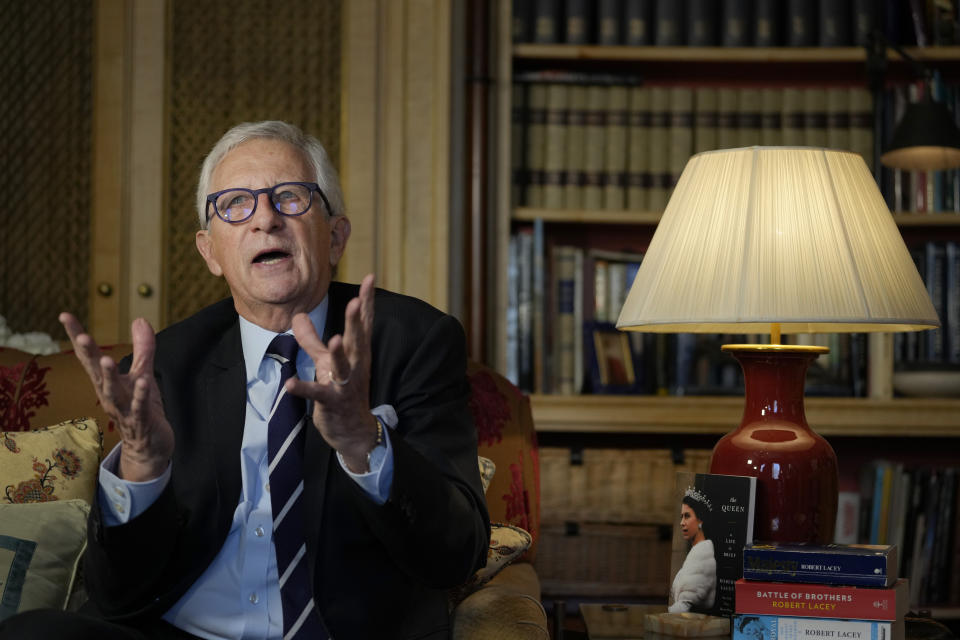 Robert Lacey, British historian and author speaks during an interview at his home in London, Wednesday, April 12, 2023. King Charles III will be crowned Saturday, May 6, 2023 at Westminster Abbey in an event full of all the pageantry Britain can muster. Royal historian Robert Lacey compares the event to a U.S. presidential election and an inauguration rolled into one — a celebration as well as a test of how the public sees the new sovereign. (AP Photo/Kirsty Wigglesworth)