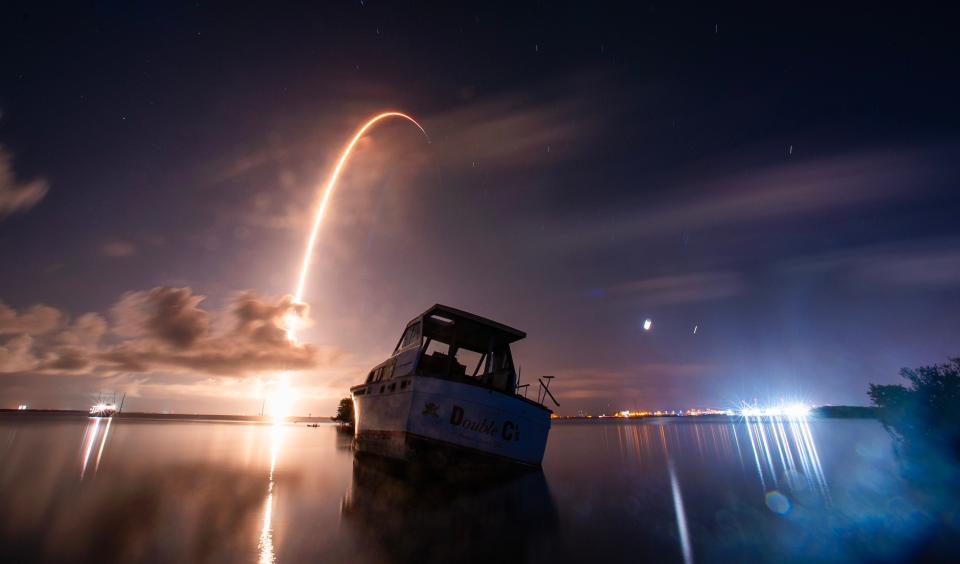Launch of a SpaceX Falcon 9 rocket on Starlink 8-9 mission, carrying a load of Starlink satellites. The rocket launched from Launch Complex 40 at Cape Canaveral Space Force Station at 4:55 a.m. EDT on Wednesday July 3rd. Launch viewed from the Banana River.