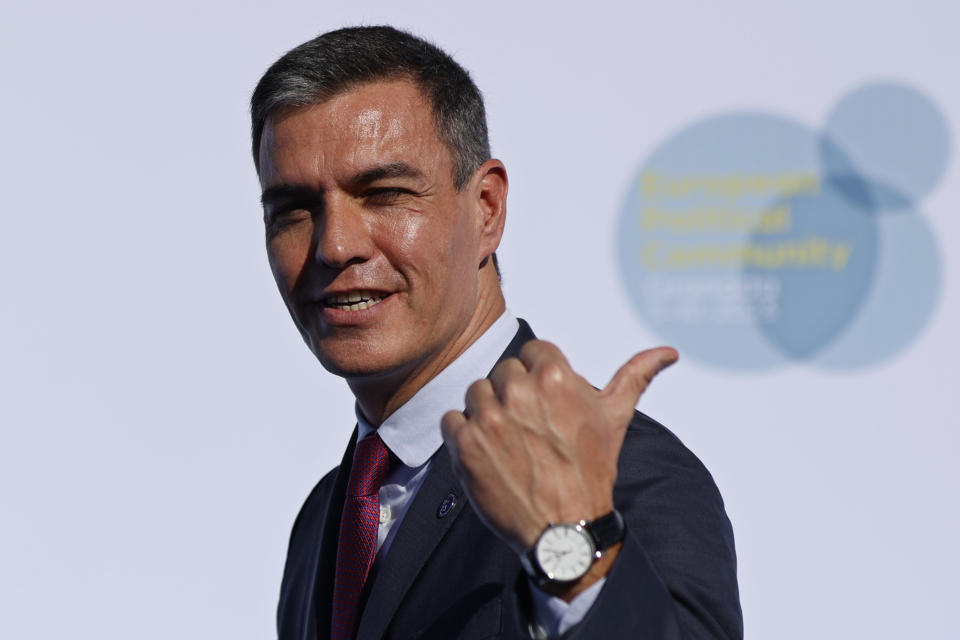 Spain's Prime Minister Pedro Sanchez arrives at the Europe Summit in Granada, Spain, Thursday, Oct. 5, 2023. Some 50 European leaders are gathering in southern Spain's Granada on Thursday to stress that they stand by Ukraine, at a time when Western resolve appears somewhat weakened. Ukrainian President Volodymyr Zelenskyy will be there to hear it. (AP Photo/Fermin Rodriguez)