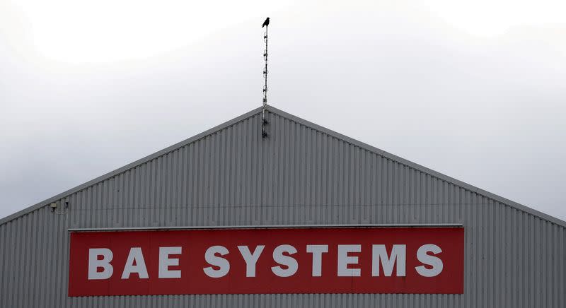 FILE PHOTO: A sign adorns a hangar at the BAE Systems facility at Salmesbury