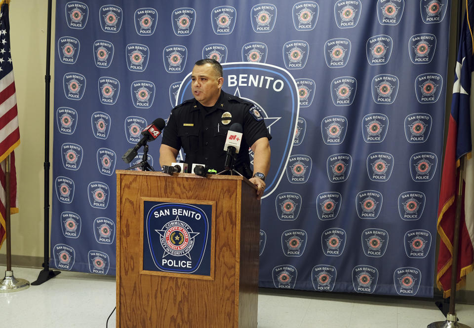 San Benito Police Chief Mario Parea speaks during a press conference Wednesday, Oct. 18, 2023, at the San Benito Police Department in San Benito, Texas. San Benito Lt. Milton Resendez was fatally shot Tuesday night after he joined an hourslong pursuit of two men who fled a traffic stop and led officers on a chase through several cities before they were arrested, authorities said. (Miguel Roberts/The Brownsville Herald via AP)