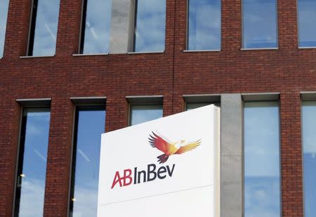 The logo of Anheuser-Busch InBev is pictured outside the brewer's headquarters in Leuven, Belgium, October 27, 2015. REUTERS/Francois Lenoir