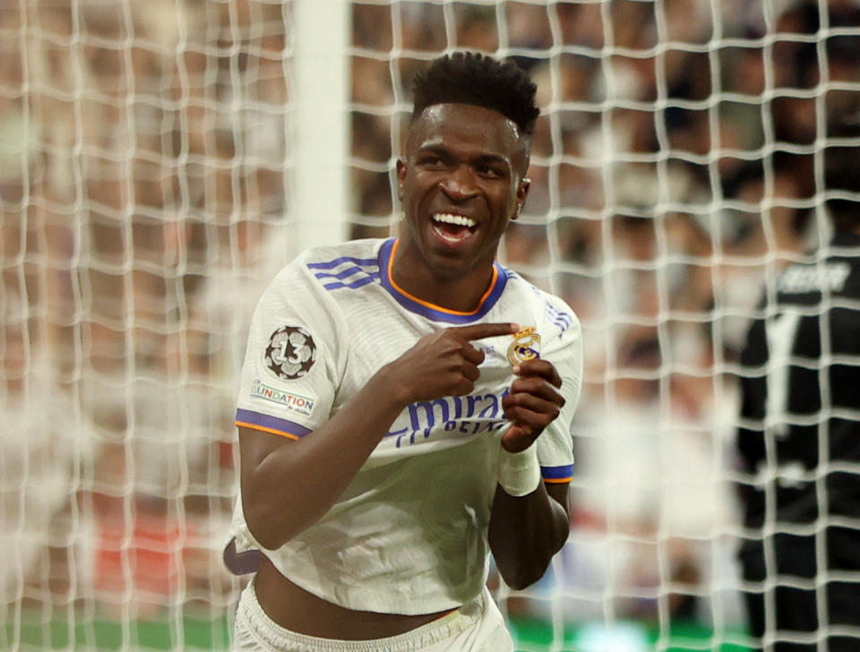 Real Madrid's Vinicius Junior celebrates scoring the only goal of the Champions League final. (REUTERS/Molly Darlington)