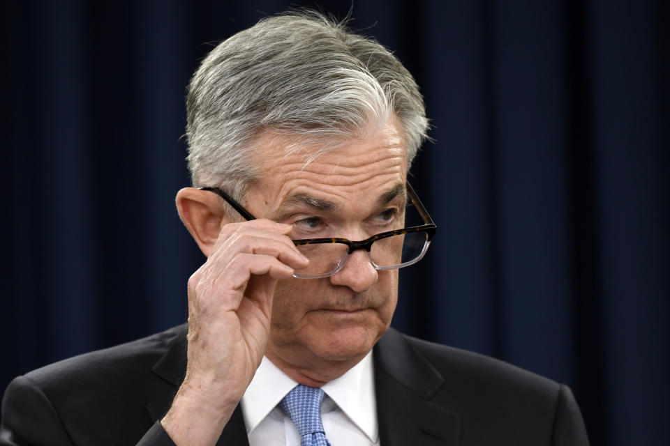 In this March 20, 2019, file photo Federal Reserve Chair Jerome Powell listens to a reporter's question during a news conference in Washington. (AP Photo/Susan Walsh, File)