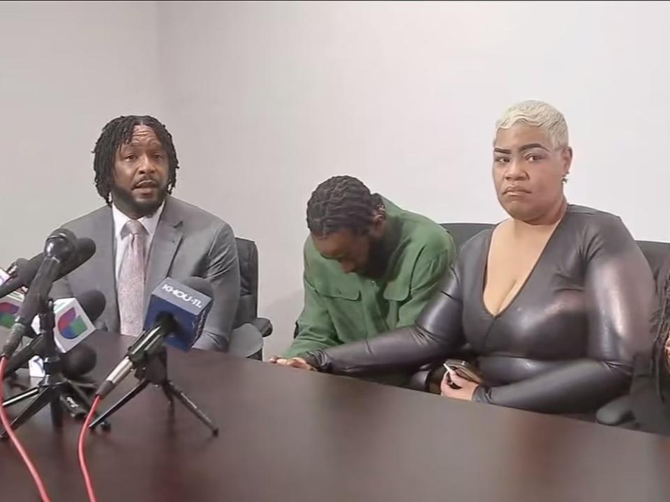 Tony Earls, 41, appears in front of the press with his wife and lawyer (KTRK)