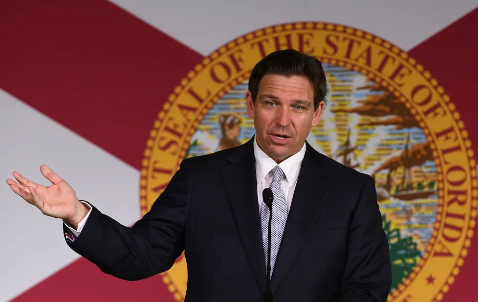 Florida Gov. Ron DeSantis stands at a microphone in front of a backdrop of Florida&#39;s state flag.