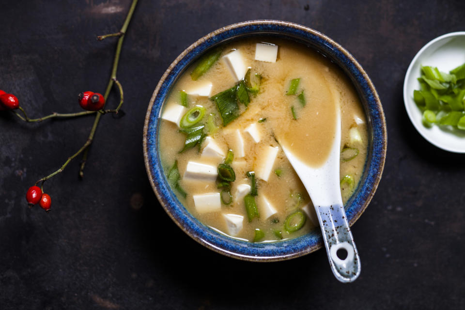 Closeup of a bowl of miso soup