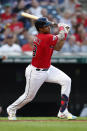 Cleveland Guardians' Oscar Gonzalez watches his RBI double off Detroit Tigers starting pitcher Daniel Norris during the third inning of a baseball game Wednesday, Aug. 17, 2022, in Cleveland. (AP Photo/Ron Schwane)