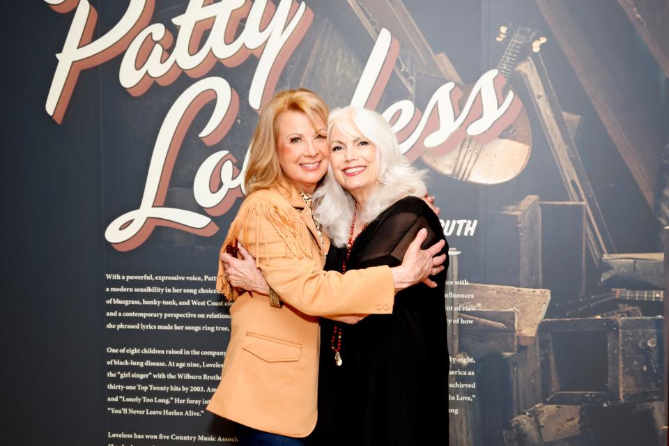 Patty Loveless and Emmylou Harris attend the new exhibition opening of Patty Loveless: No Trouble with the Truth, at Country Music Hall of Fame and Museum on August 22, 2023 in Nashville, Tennessee.