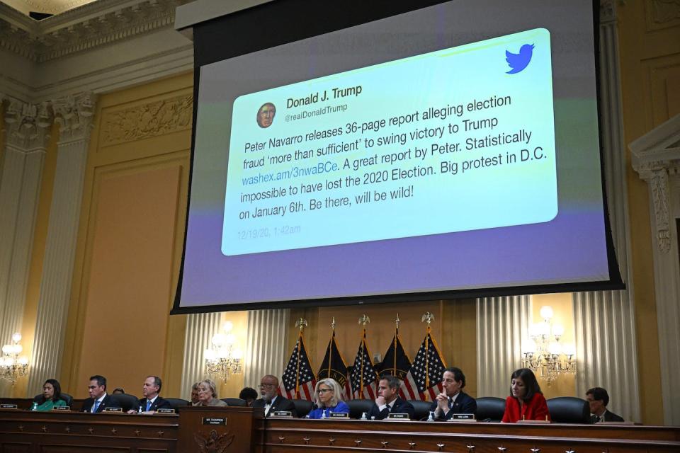 The House Select Committee hearings on the Jan. 6 attack highlighted the role of President Trump’s tweets. <a href="https://www.gettyimages.com/detail/news-photo/tweet-by-former-us-president-donald-trump-appears-on-screen-news-photo/1241210660" rel="nofollow noopener" target="_blank" data-ylk="slk:Mandel Ngan/AFP via Getty Images;elm:context_link;itc:0;sec:content-canvas" class="link ">Mandel Ngan/AFP via Getty Images</a>