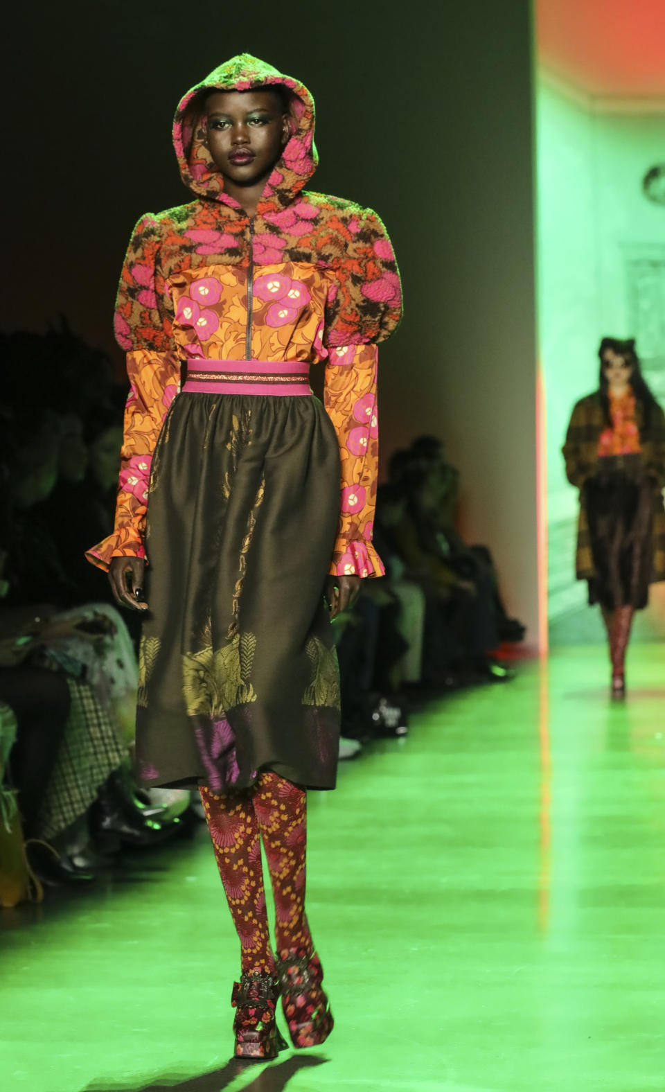 The latest fashion creation from Anna Sui is modeled during New York's Fashion Week, Monday Feb. 10, 2020. (AP Photo/Bebeto Matthews)