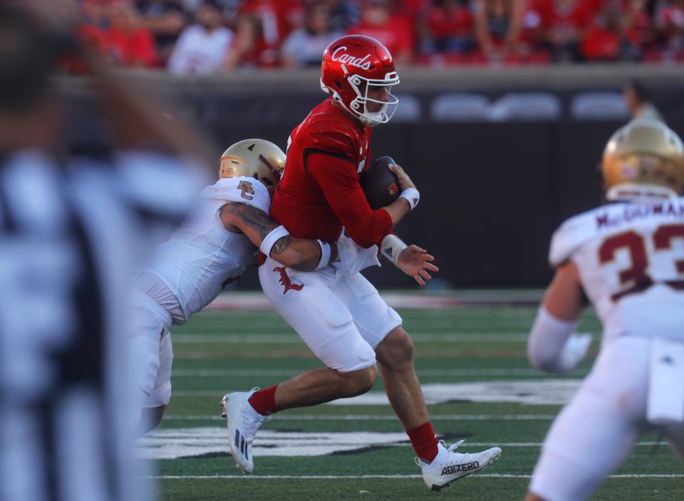 Louisville’s Jack Plummer runs against Boston College Saturday afternoon at L&N Stadium. Sept. 23, 2023