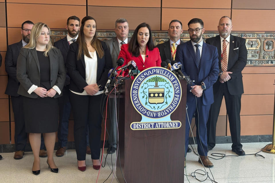 District Attorney Jennifer Schorn speaks during a news conference at Bucks County Justice Center in Doylestown, Pa., on Friday, Feb. 2, 2024. (AP Photo/Tassanee Vejpongsa)