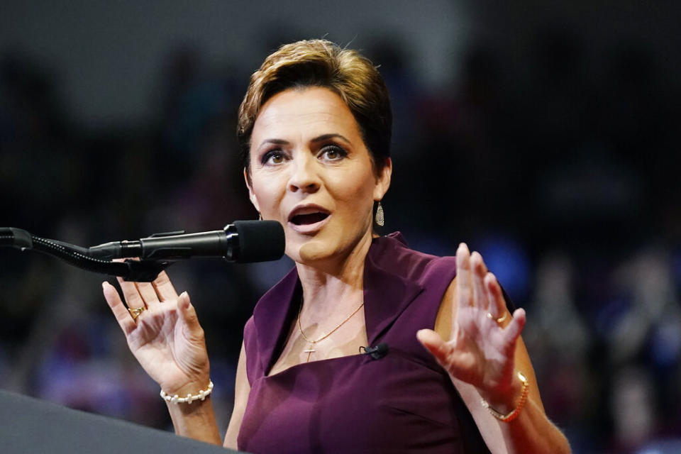 Republican candidate for Arizona governor Kari Lake speaks to supporters prior to former president Donald Trump speaking at a Save America Rally on July 22, 2022, in Prescott, Arizona.