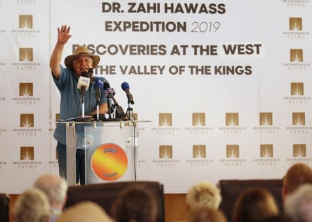 Former Tourism Minister Zahi Hawass,speaks during a press conference in the Monkey Valley near the Valley of the Kings in Luxor