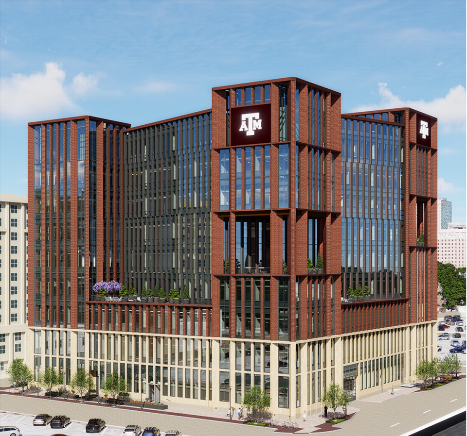 An artist’s rendering of Texas A&M-Fort Worth’s future Law and Education Building in downtown. The eight-story building will be one of three on the new campus.