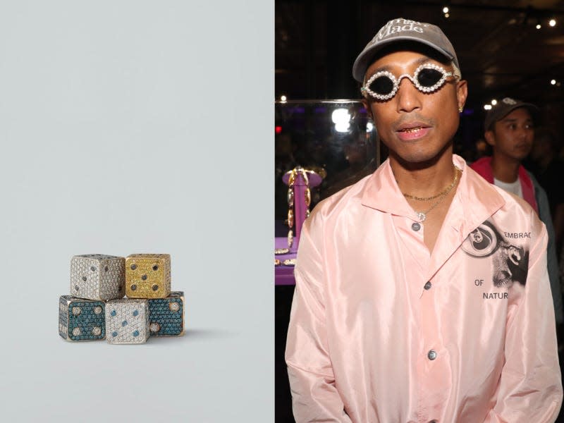 side-by-side of Pharrell Williams and diamond-encrusted dice