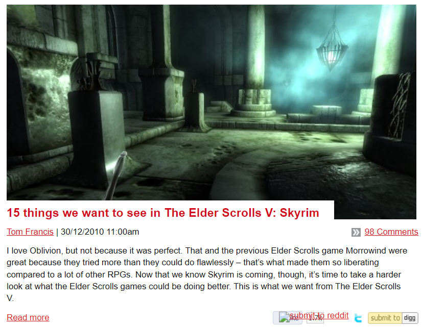 An article about Skyrim on the PC Gamer website in 2010.