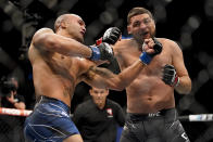 Nick Diaz, right, fights Robbie Lawler during a middleweight mixed martial arts bout at UFC 266, Saturday, Sept. 25, 2021, in Las Vegas. (AP Photo/John Locher)