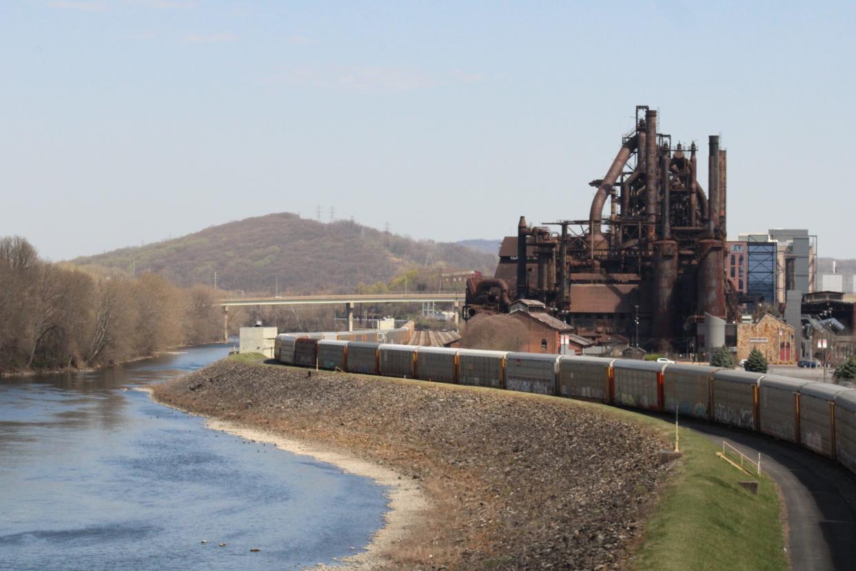 The Lehigh River and SteelStacks, as seen from Fahy Bridge in Bethlehem on April 12, 2023.