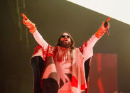 <p>The Oscar winner knows how to captivate an audience! Leto commanded the stage at London’s O2 Arena Tuesday night as his band, 30 Seconds to Mars, performed for their fans. (Photo: Jo Hale/Redferns) </p>