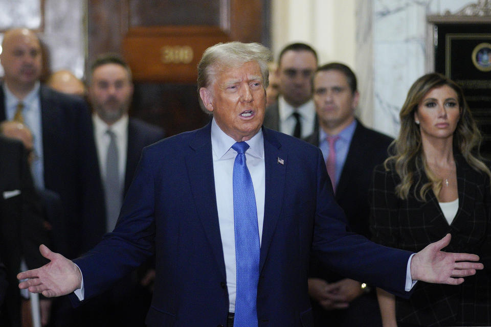 Former President Donald Trump speaks outside the courtroom after testifying at New York Supreme Court, Monday, Nov. 6, 2023, in New York. (AP Photo/Eduardo Munoz Alvarez)