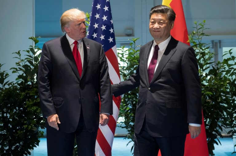 US President Donald Trump and Chinese President Xi Jinping (R) pictured prior to a meeting on the sidelines of the G20 Summit in Hamburg, Germany, on July 8, 2017