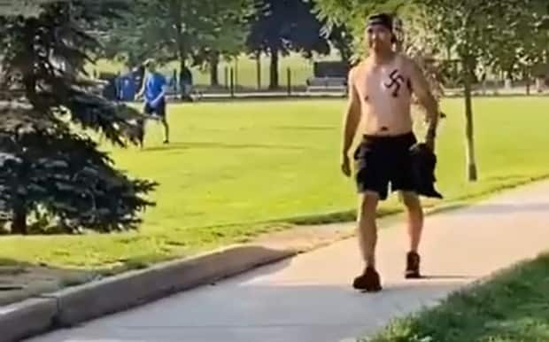 Police say 32-year-old Michael Park was seen with a drawing of a swastika on his chest on July 6, and yelled antisemitic slurs at a person, before throwing an object at them.  (Submitted by Centre for Israel and Jewish Affairs  - image credit)