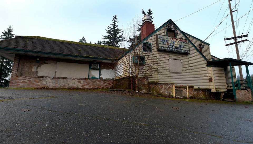 The former South Pacific Restaurant at the corner of Capitol Blvd. SE and Custer Way SW in Tumwater still shows signs of the November 2020 fire that damaged the structure.