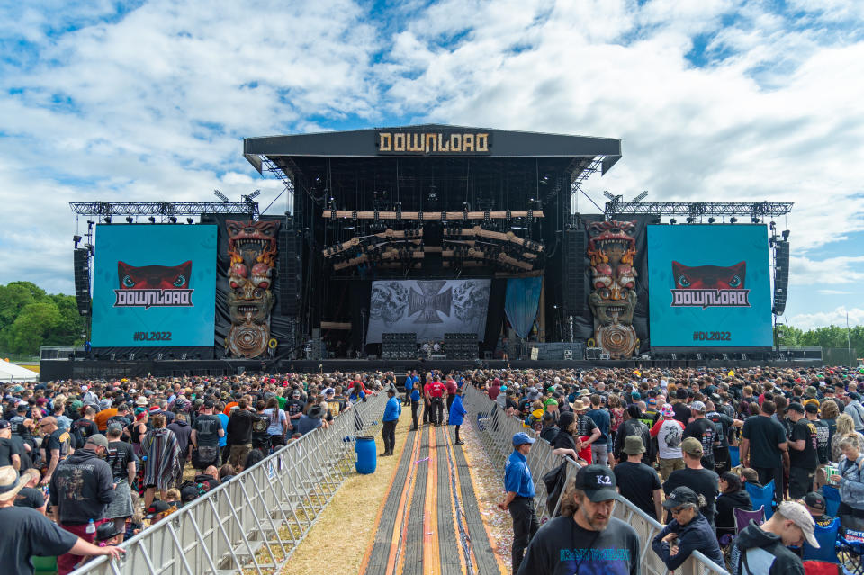 DONNINGTON, ENGLAND - JUNE 11:  General view of the main stage on Day 2 of Download festival at Donnington Park on June 11, 2022 in Donnington, England.  (Photo by Joseph Okpako/WireImage)
